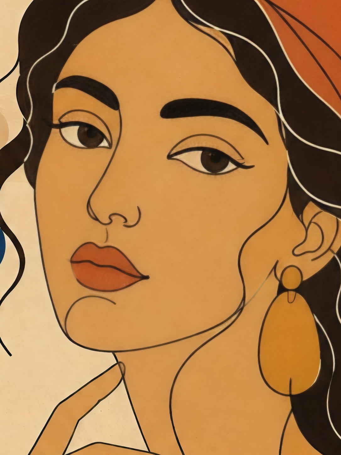Detail a taille reelle du tirage, affiche ethnique femme au foulard orange
