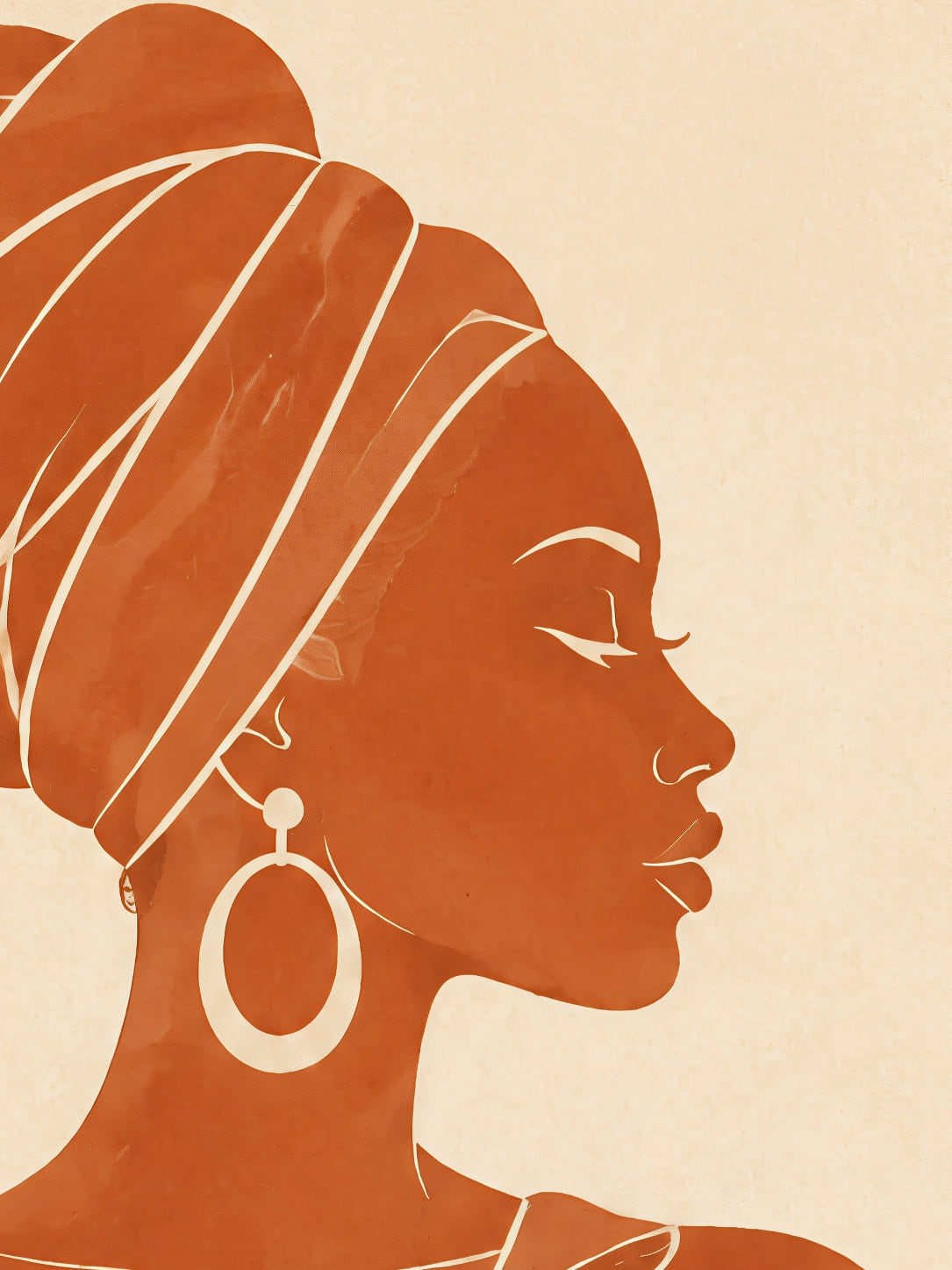Detail a taille reelle du tirage, affiche ethnique femme au turban dans la savane