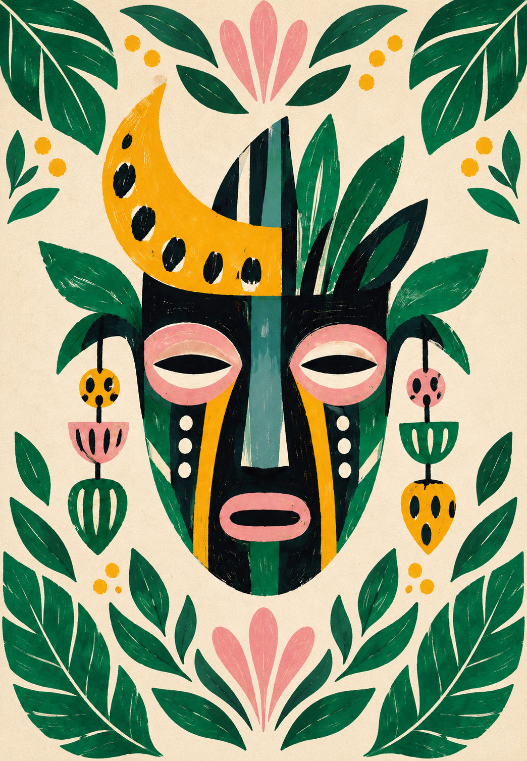 Máscara tribal coroada de folhas e crescente dourado