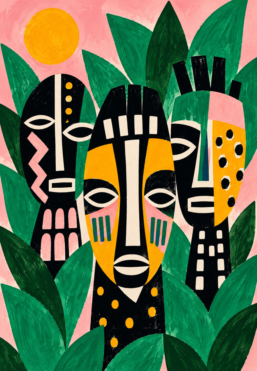 Tre maschere tribali nella giungla