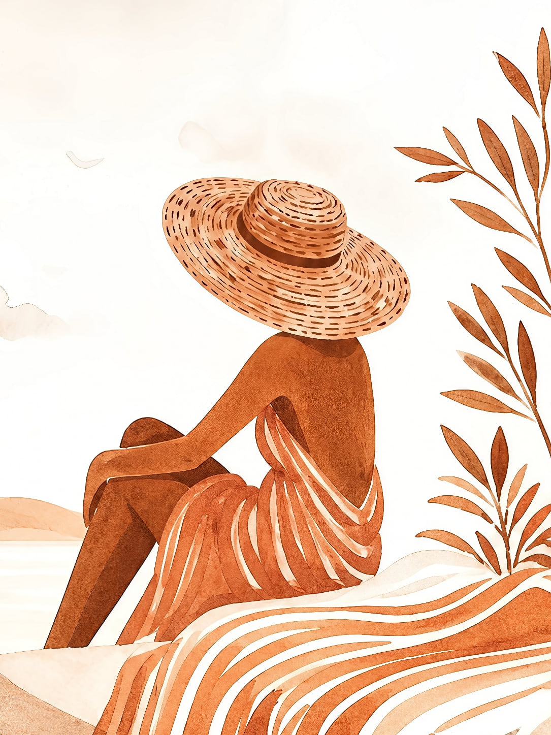 Detail a taille reelle du tirage, affiche femme au chapeau terracotta paysage