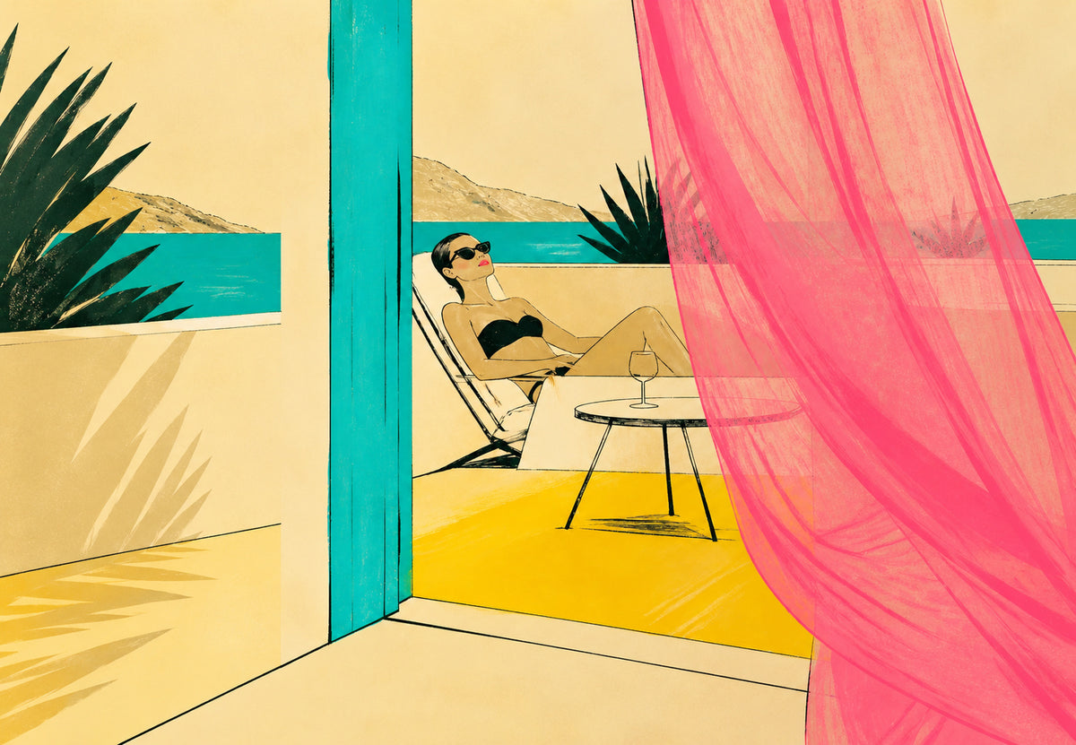 The bather behind the pink curtain (Landscape)