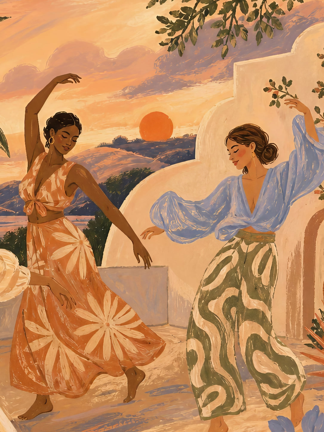 Detail a taille reelle du tirage, affiche femmes danse au coucher du soleil paysage