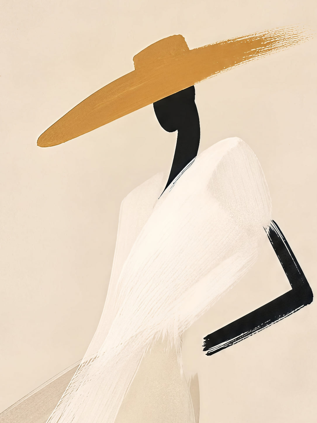 Detail a taille reelle du tirage, affiche femmes femme au grand chapeau ochre paysage