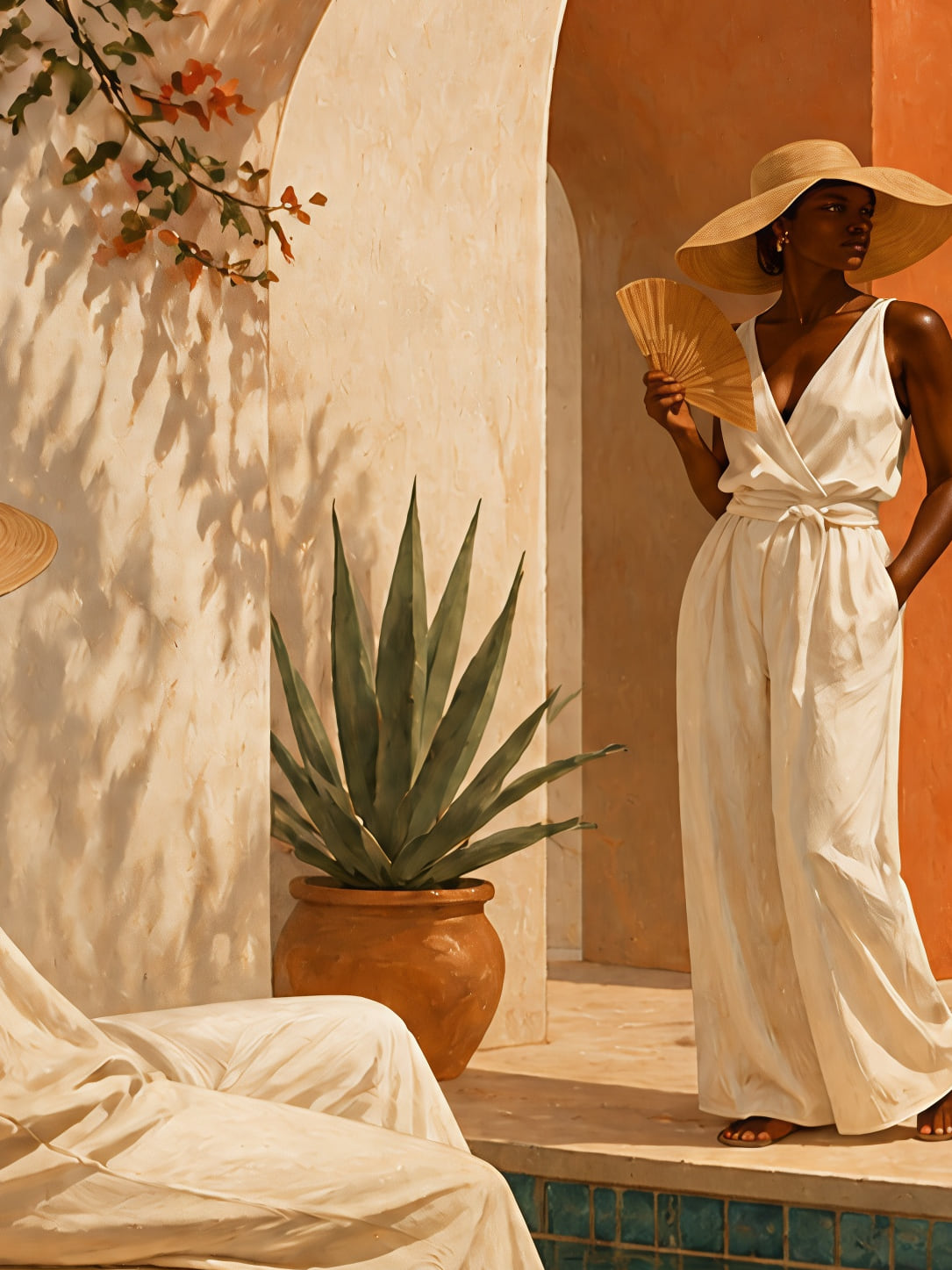 Detail a taille reelle du tirage, affiche femmes l heure chaude au bord du bassin paysage