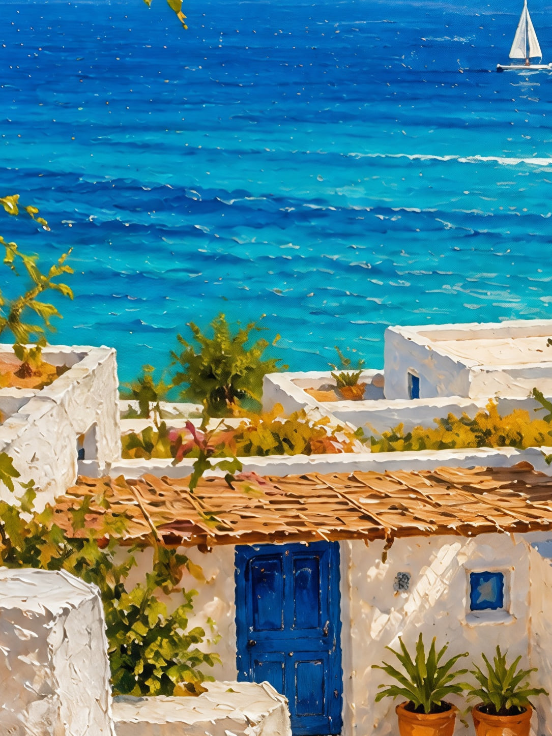 Detail a taille reelle du tirage, affiche fleurs les bougainvilliers au dessus de la crique paysage
