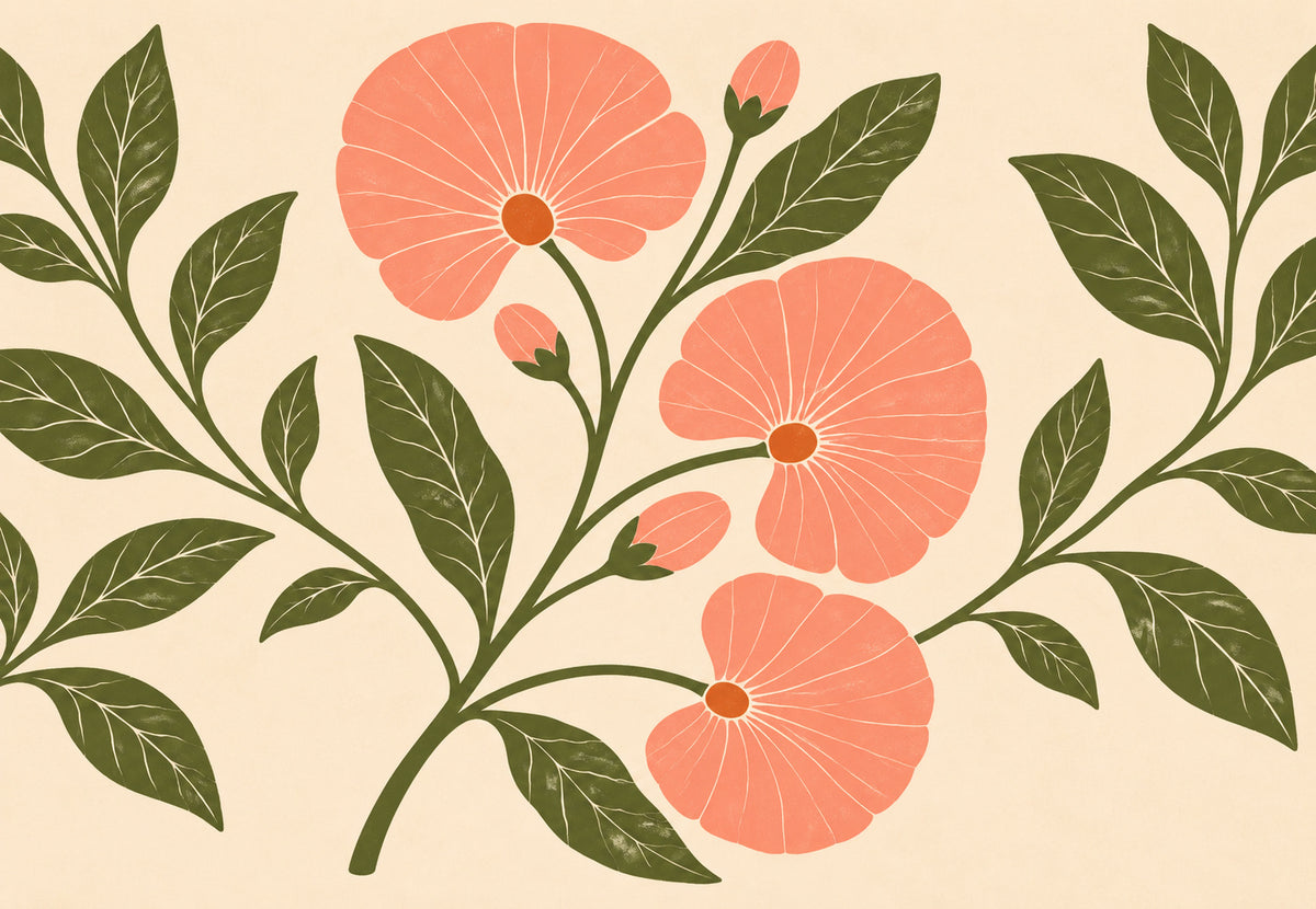 Rosa Blütenkronen und olivgrüne Blätter (Querformat)