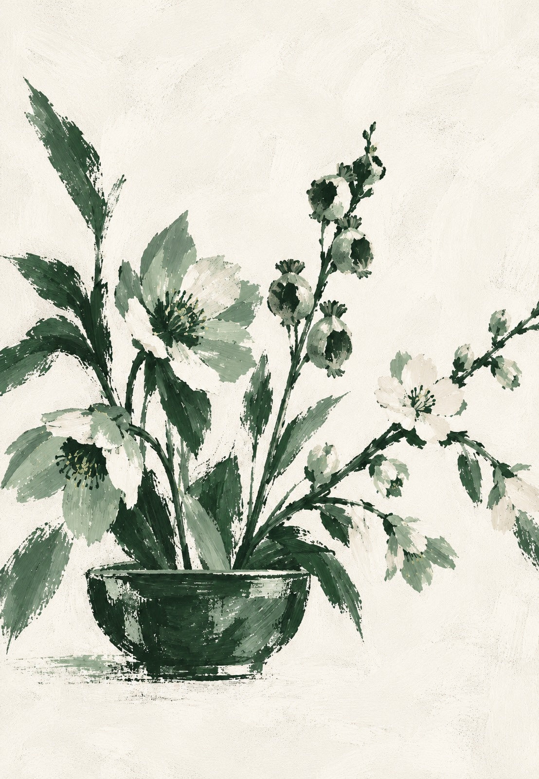 Bol de fleurs blanches et branche fleurie