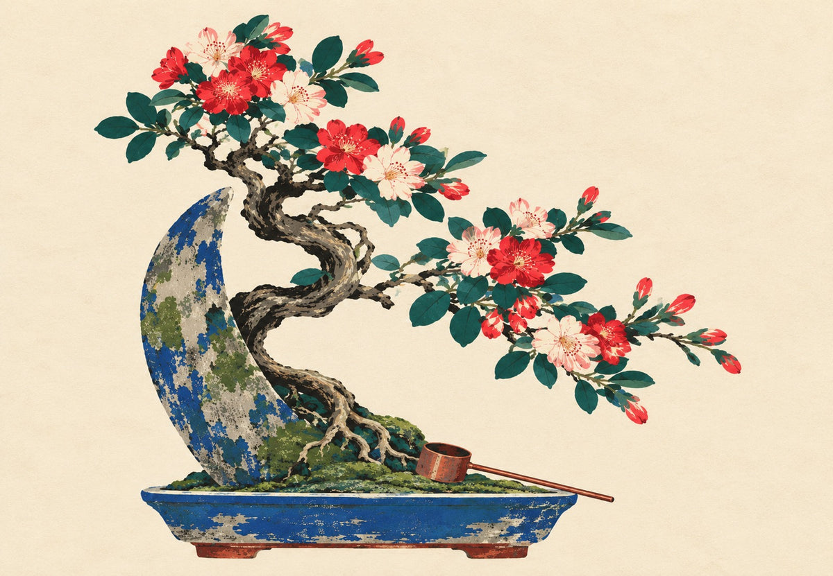 Bloeiende bonsai in blauwe schaal (Liggend)