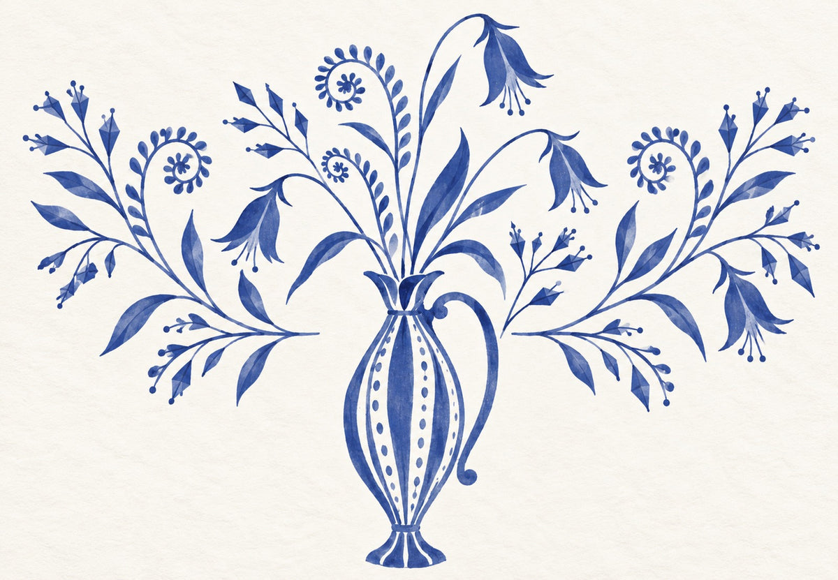 Blue Bellflower Bouquet in a Patterned Vase (Landscape)