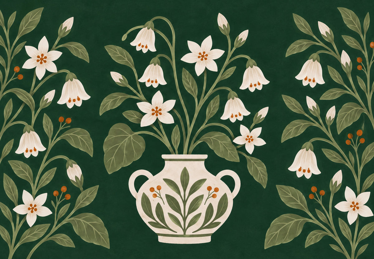 Weißer Blumenstrauß in Vase mit Blattmuster (Querformat)