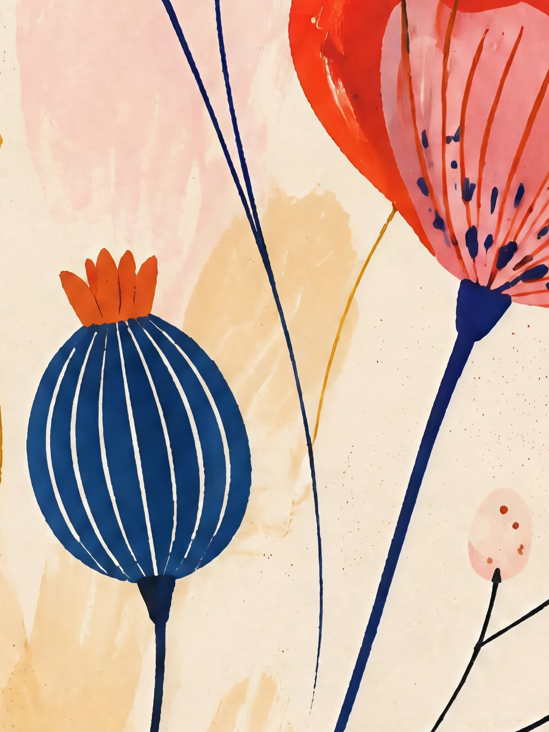 Detail a taille reelle du tirage, affiche floral bouquet de pavots et capsules
