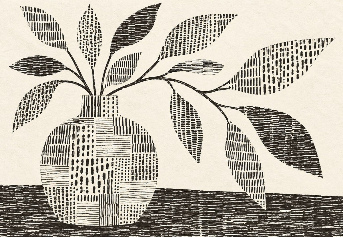 Bouquet en noir et blanc dans un vase à motifs (Paysage)