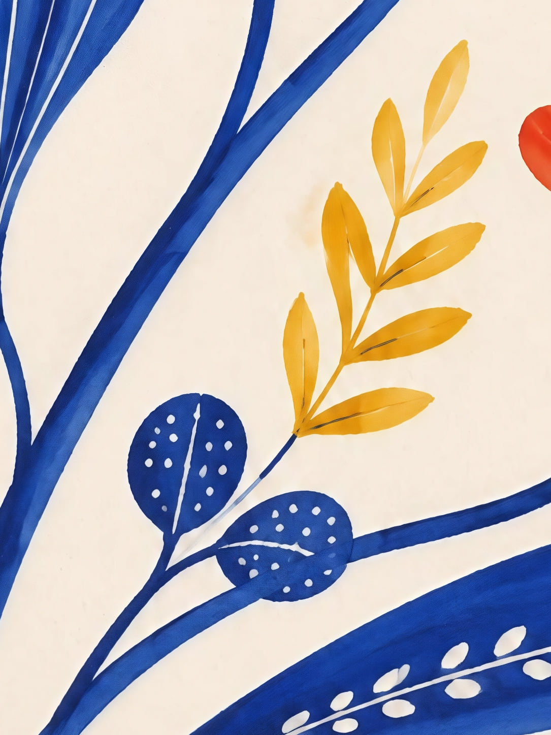 Detail a taille reelle du tirage, affiche floral branche fleurie bleue et corail