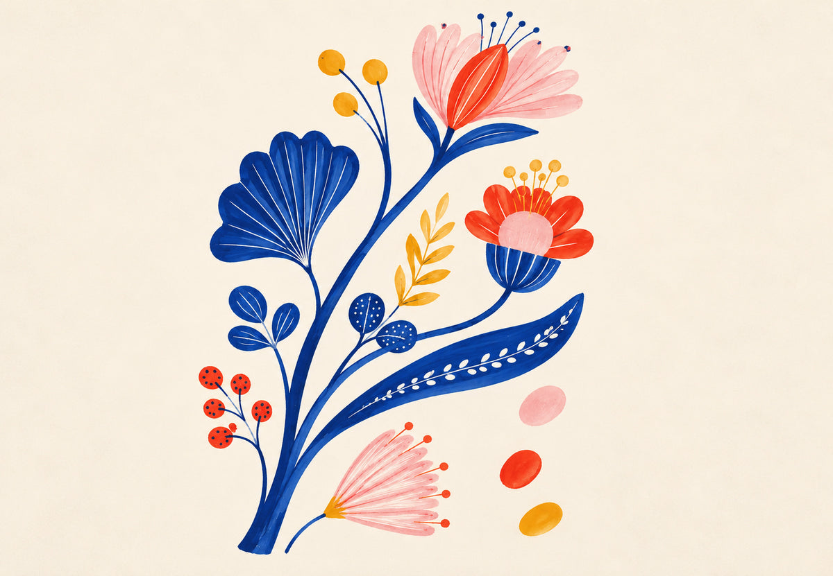 Branche fleurie bleue et corail (Paysage)