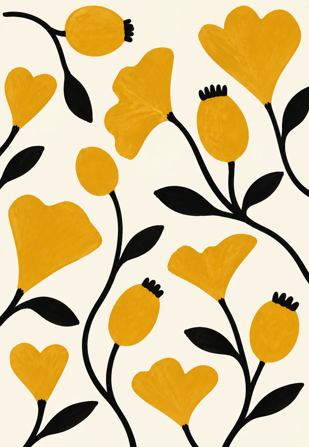 Cápsulas de papoila e flores amarelo mostarda