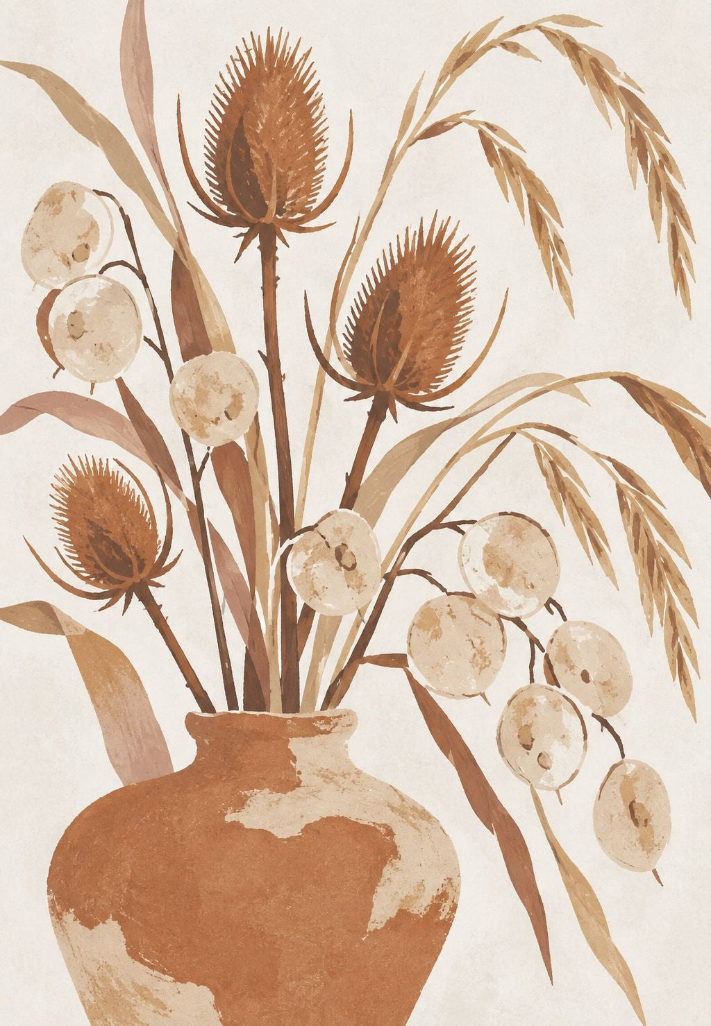Thistles and dried flowers in a terracotta jug