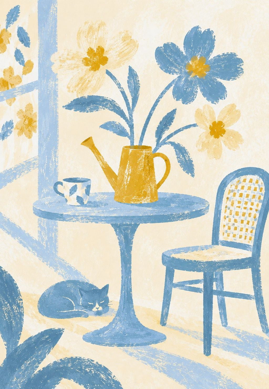 Schlafende Katze unter dem blumengeschmückten Tisch