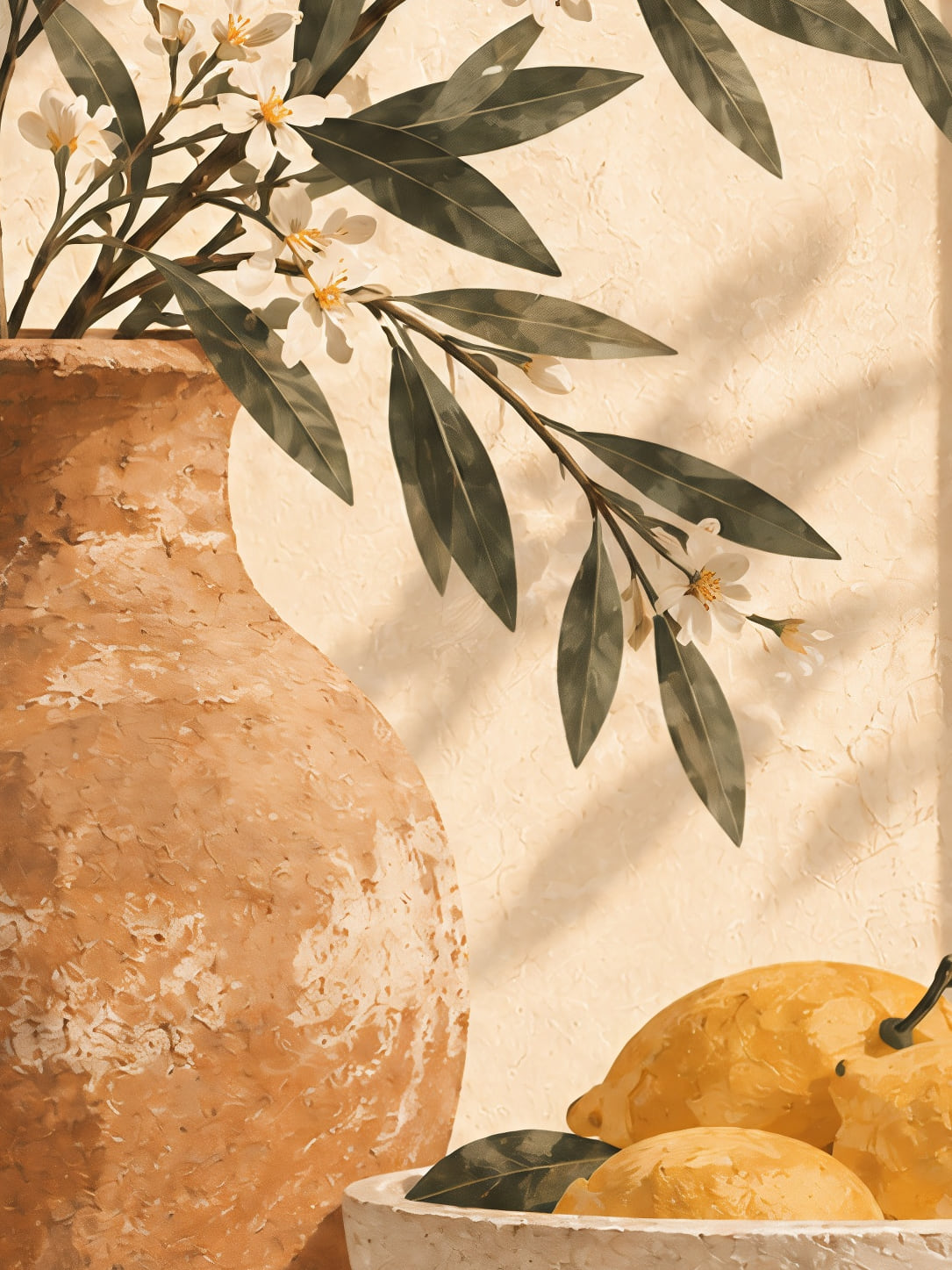 Detail a taille reelle du tirage, affiche floral cruche en terre cuite branche d olivier et bol de citrons paysage