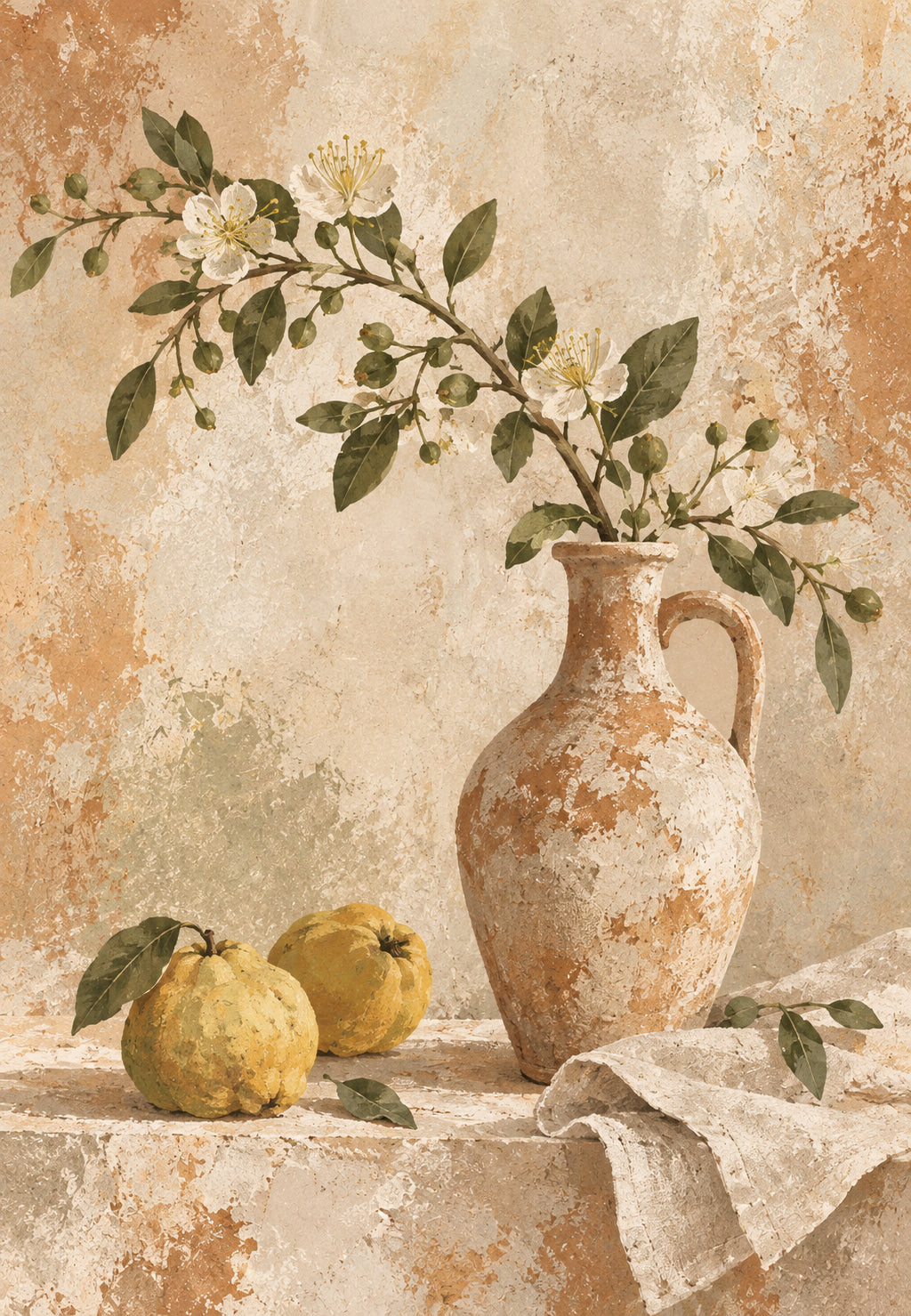 Flowering Jug and Quinces on Weathered Stone