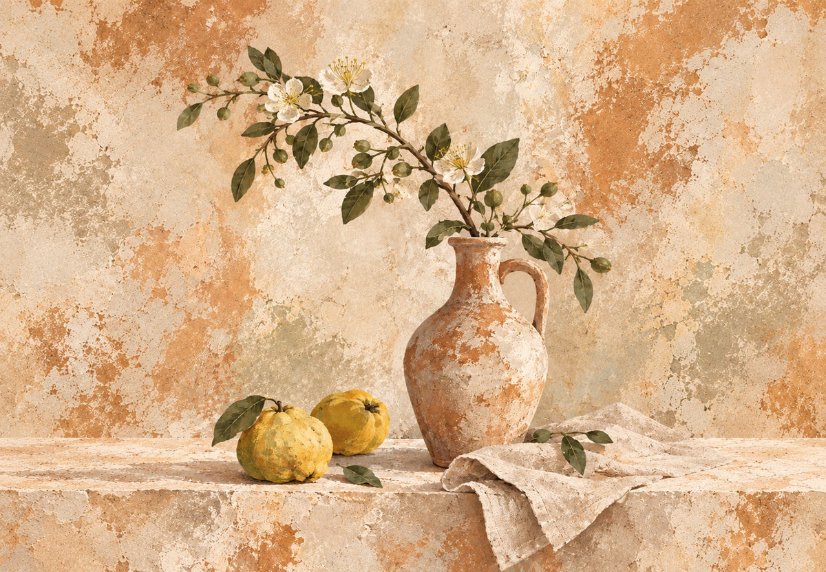 Flowering Jug and Quinces on Weathered Stone (Landscape)