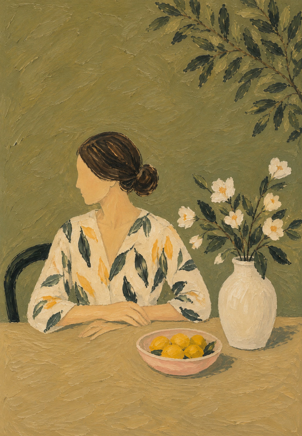 Donna con mazzo di fiori e limoni