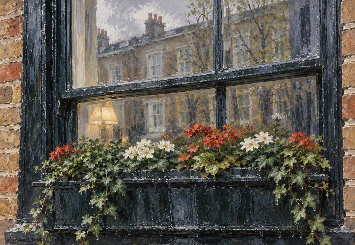 Flowered Window in the Rain (Landscape)