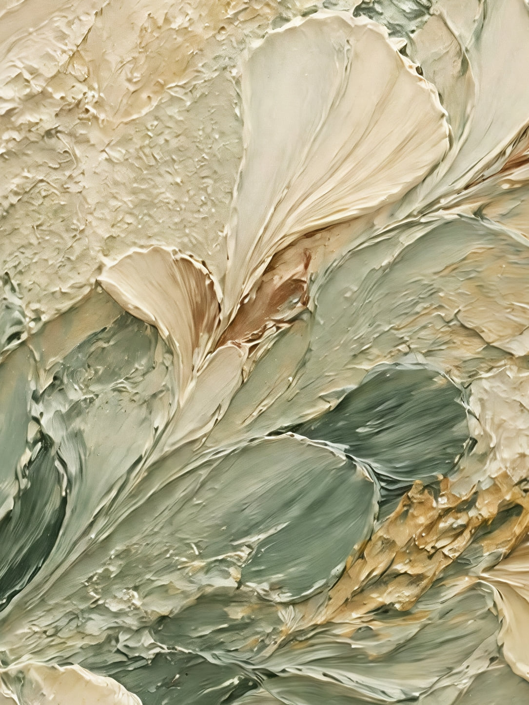 Detail a taille reelle du tirage, affiche floral feuillage sauge et or