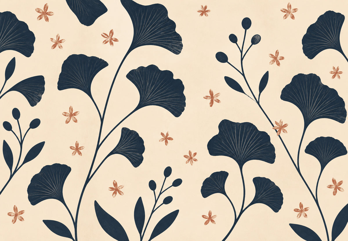 Foglie di ginkgo blu notte e fiori corallo (Orizzontale)