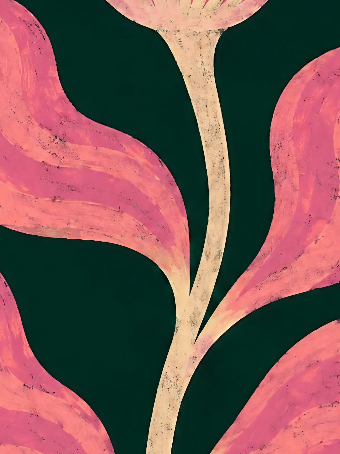 Detail a taille reelle du tirage, affiche floral fleur rose et feuillage dore sur vert profond