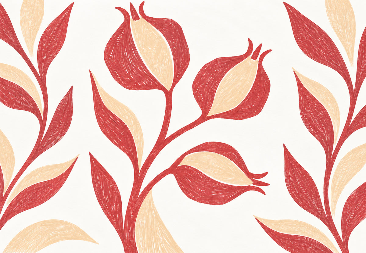 Split Pomegranates on a Leafy Stem (Landscape)