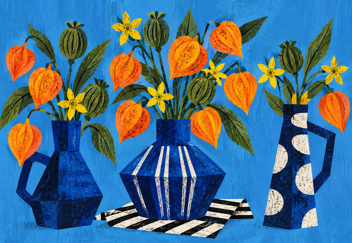 Orange Lanterns in Midnight Blue Vases (Landscape)