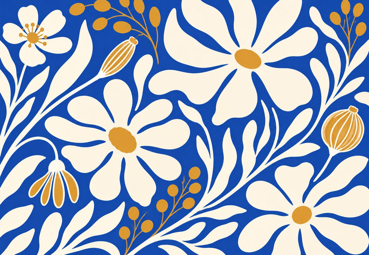 Fiori bianchi nel giardino blu (Orizzontale)