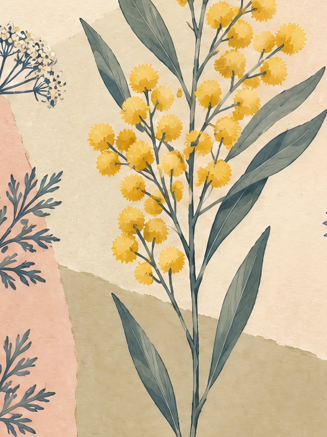 Detail a taille reelle du tirage, affiche floral les tiges bleues et le papier rose portrait paysage