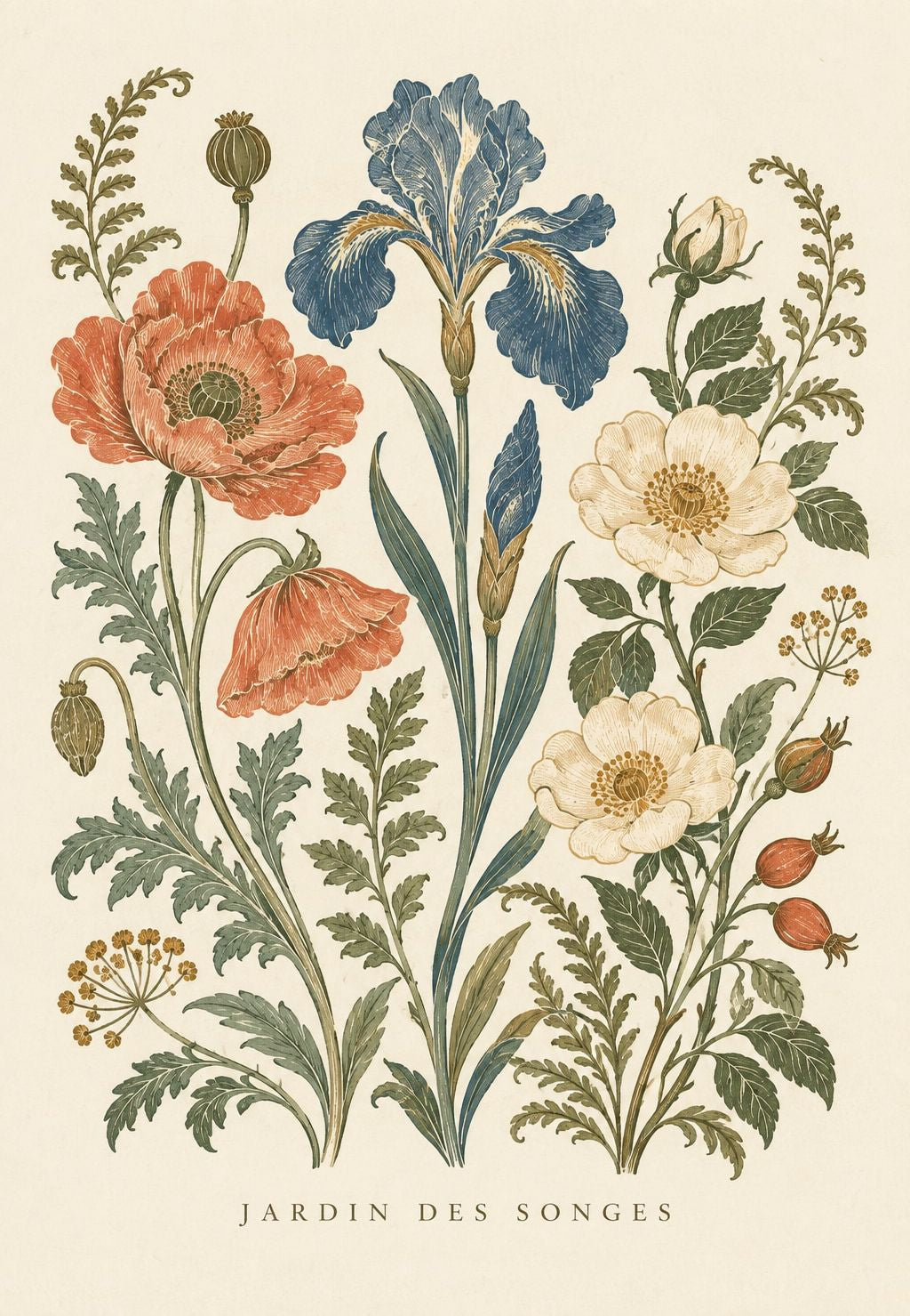 Poppies, Iris and Old Roses