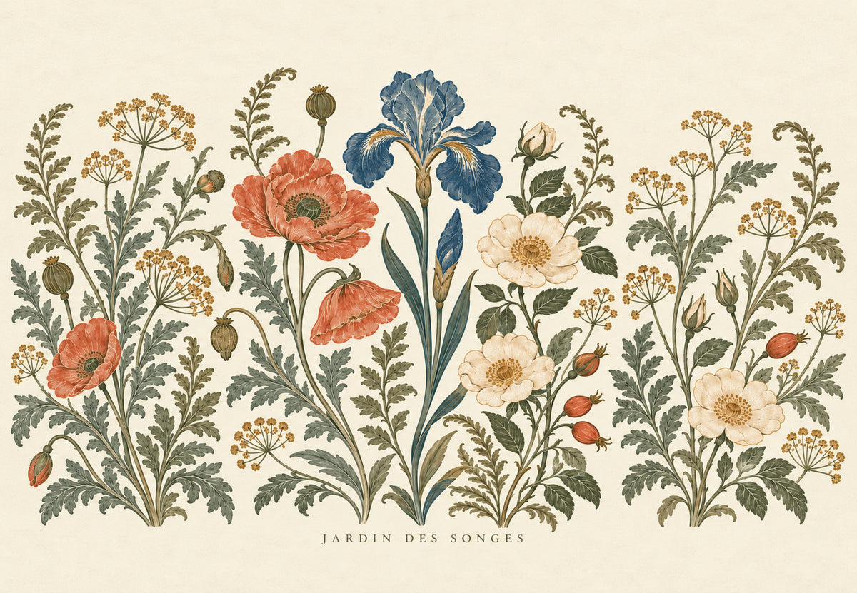 Poppies, Iris and Old Roses (Landscape)