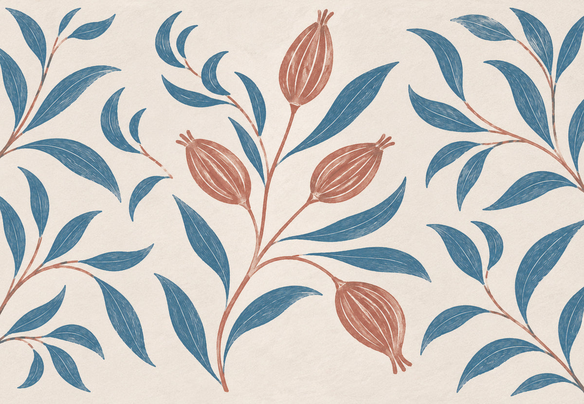 Bloeiende tak in blauw en terracotta (Liggend)