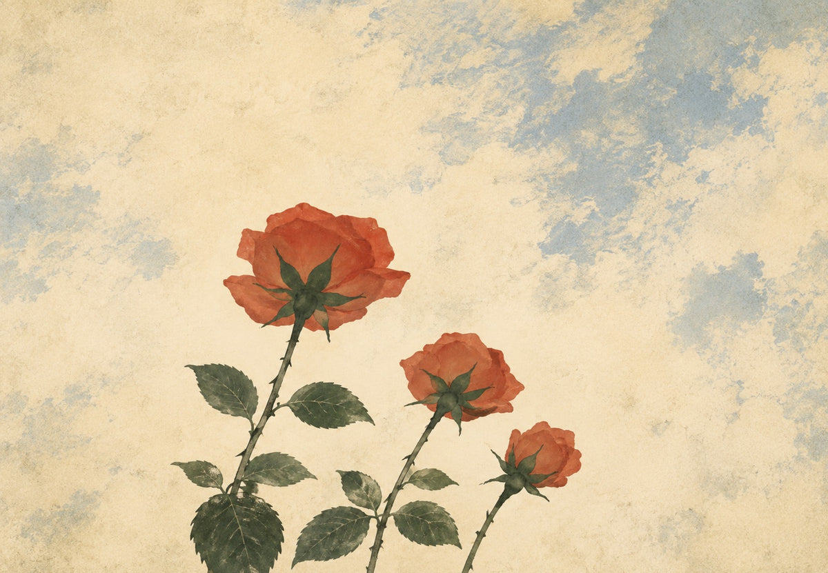 Roses orangées sous un ciel voilé (Paysage)