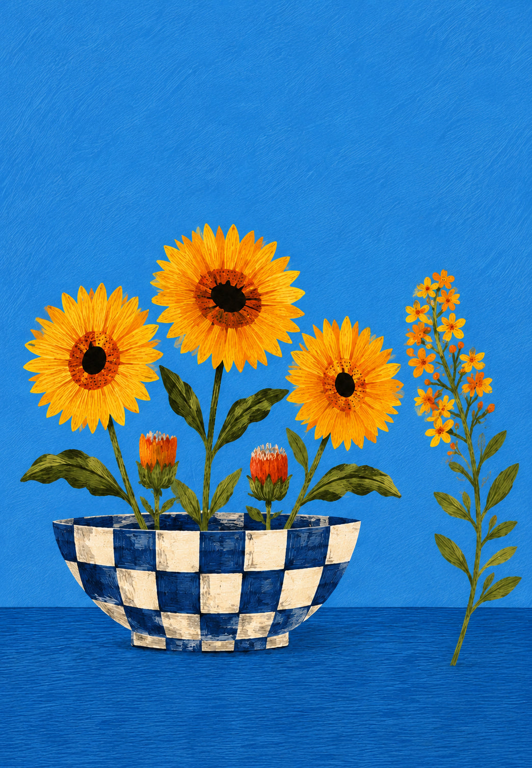Sonnenblumen in einer blau karierten Schale