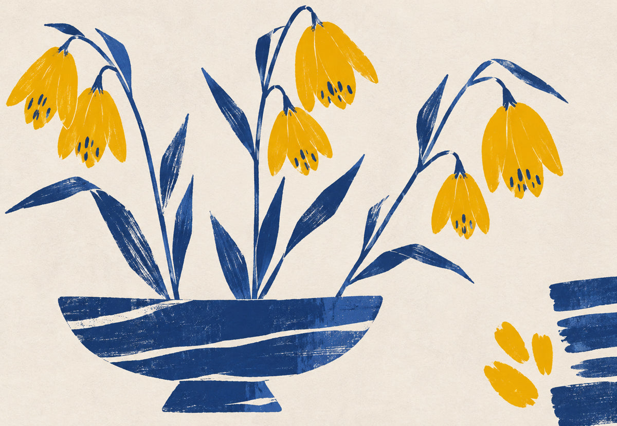 Tulipani dorati in una ciotola blu (Orizzontale)