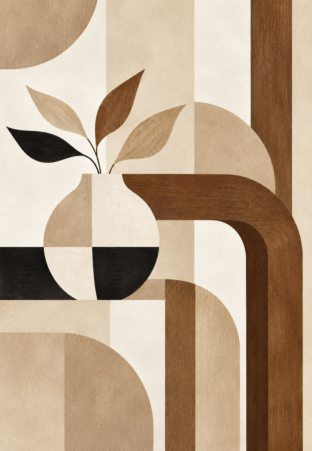 Vase mit Blättern und Holzbogen