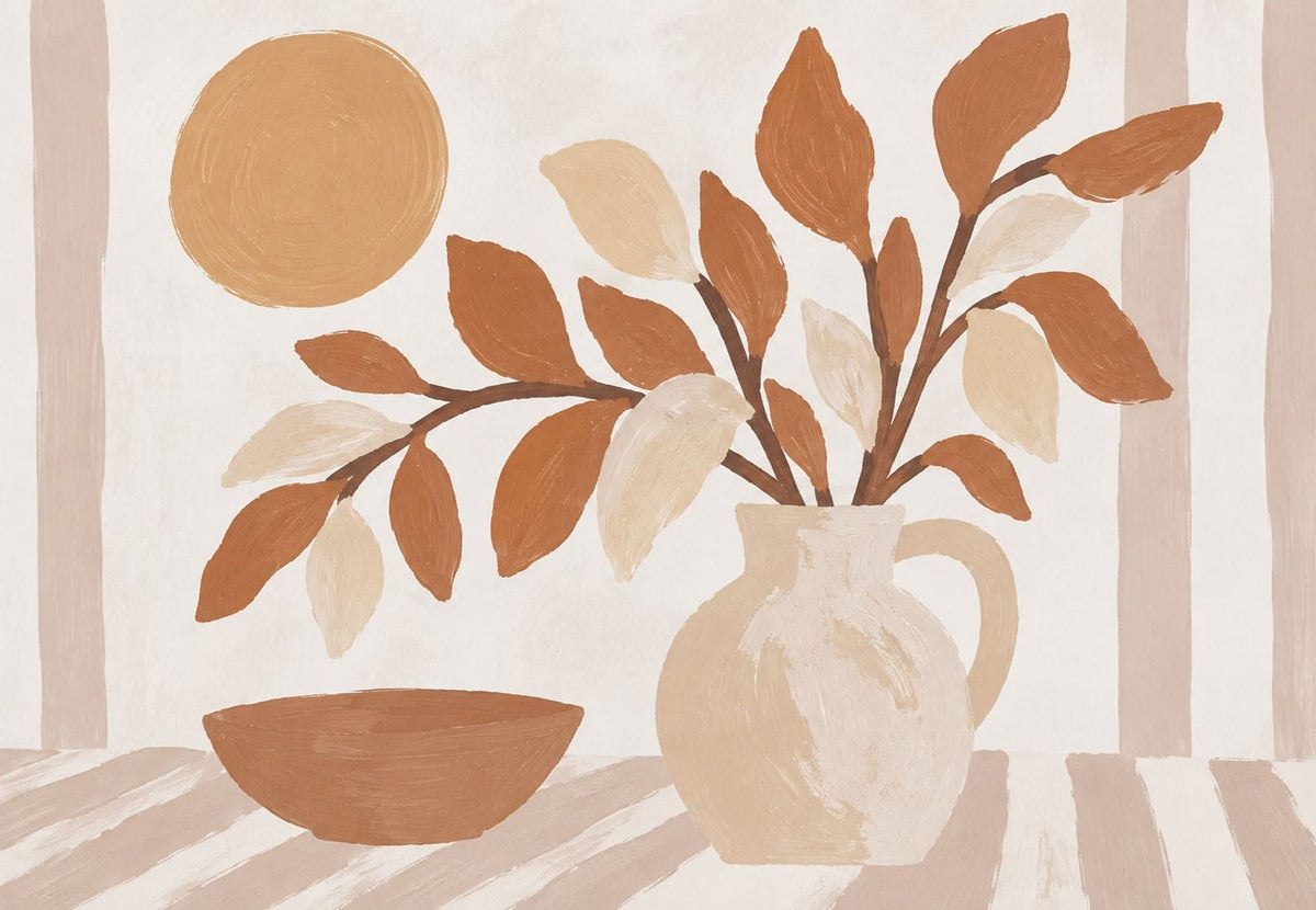 Vase mit Blättern und ockerfarbener Sonne (Querformat)
