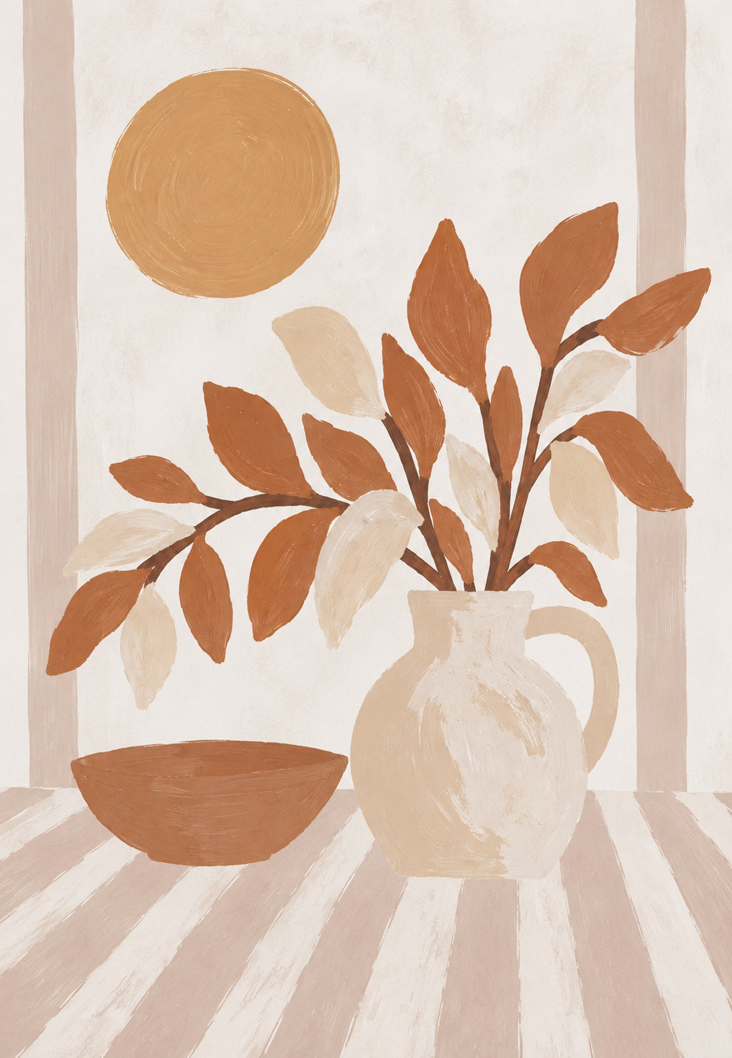 Vase mit Blättern und ockerfarbener Sonne