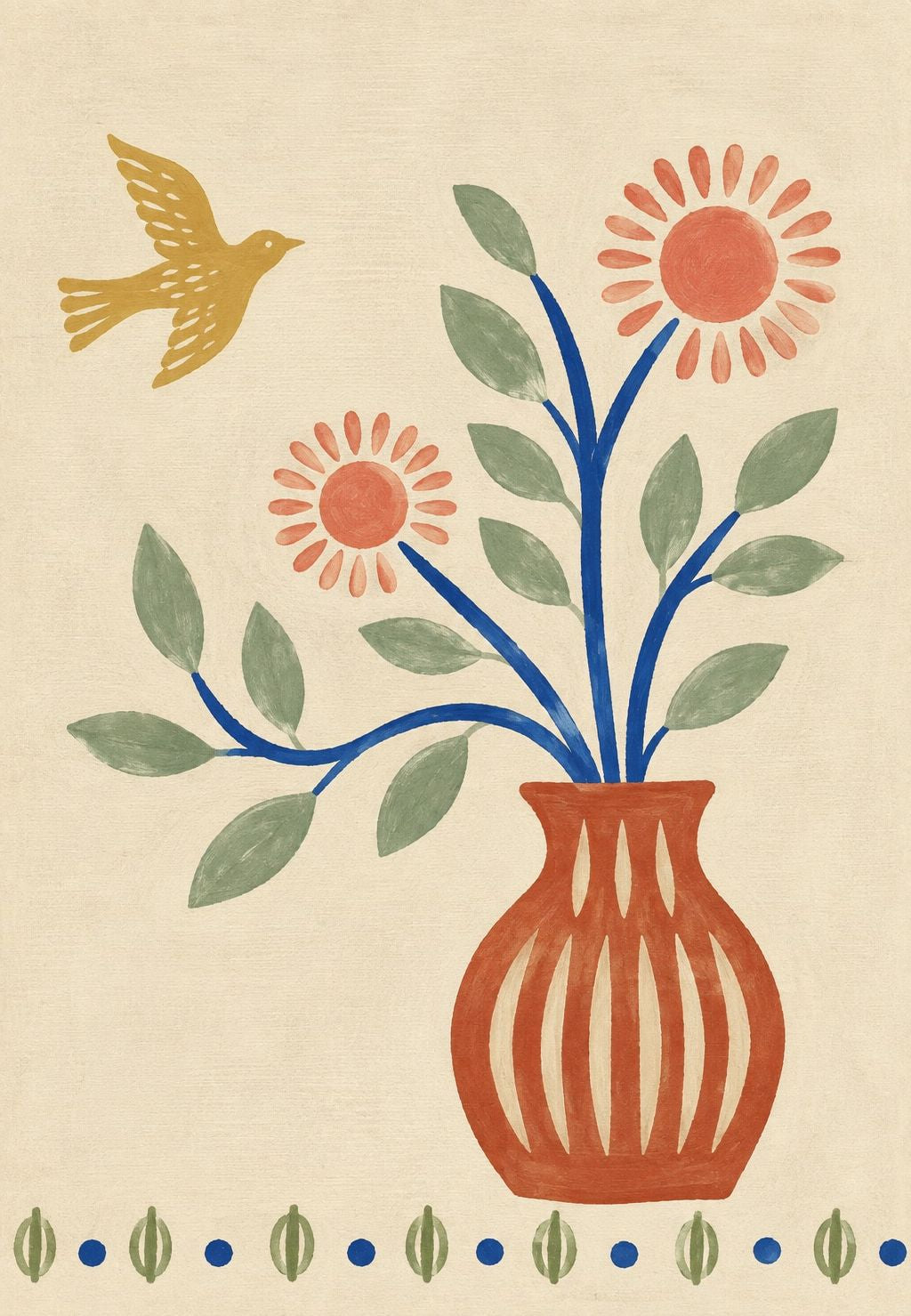 Vaso fiorito e uccello dorato