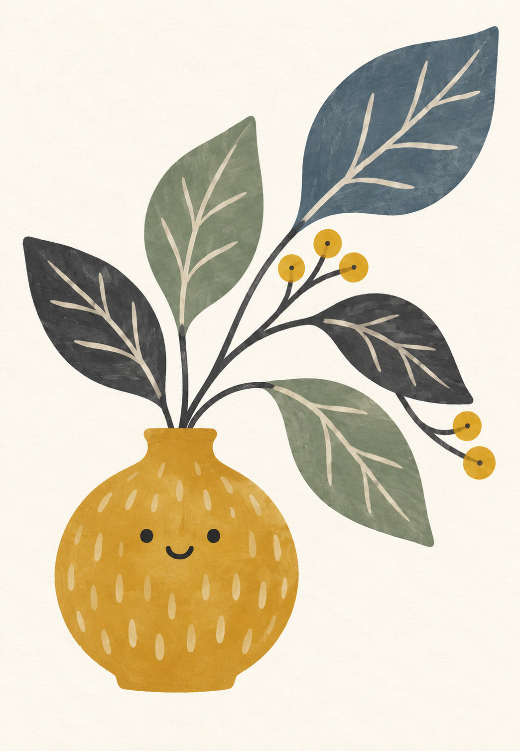 Smiling Vase with Leafy Branch