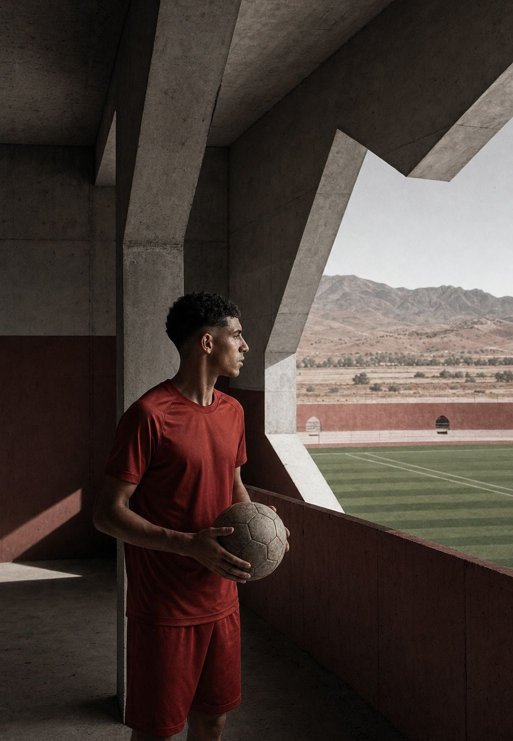 Joueur au ballon devant le terrain