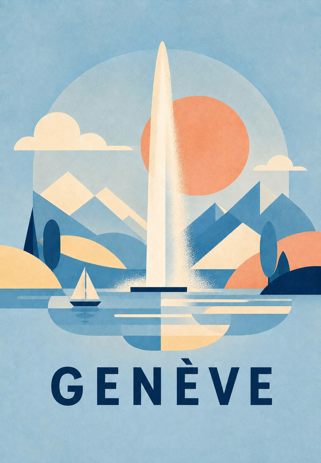 Genève - Le jet d'eau devant les Alpes