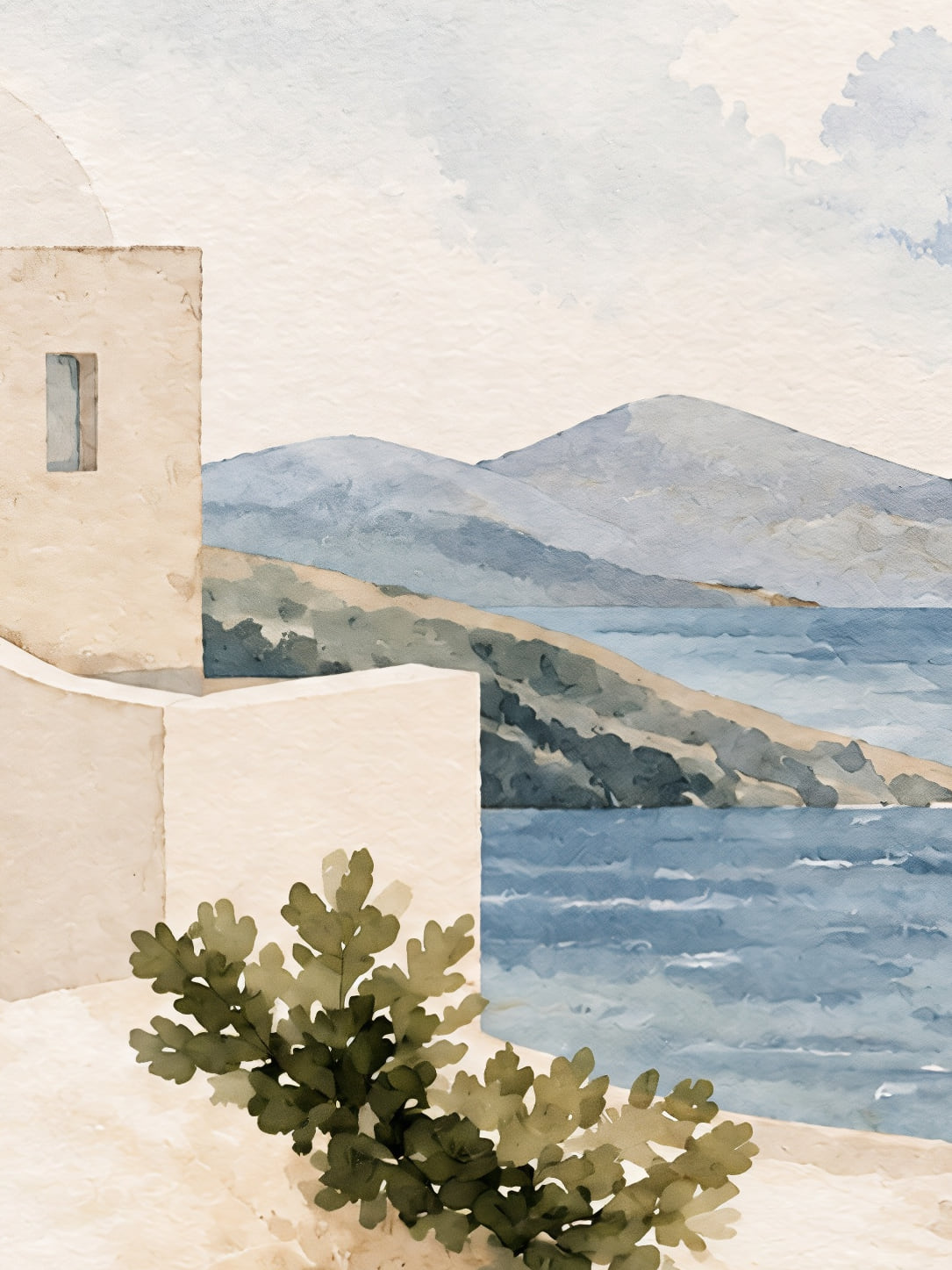 Detail a taille reelle du tirage, affiche grece l aquarelle du jardin sur la mer paysage
