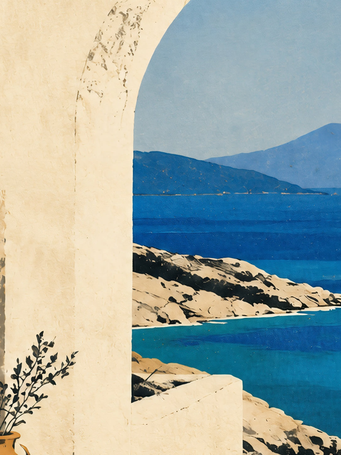 Detail a taille reelle du tirage, affiche grece l arche ouverte sur la baie paysage