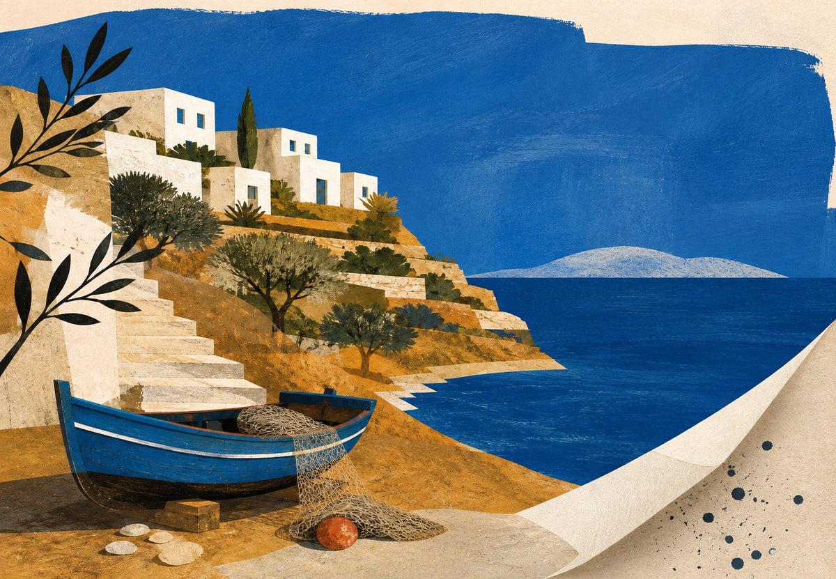 La barque bleue au pied des marches (Paysage)